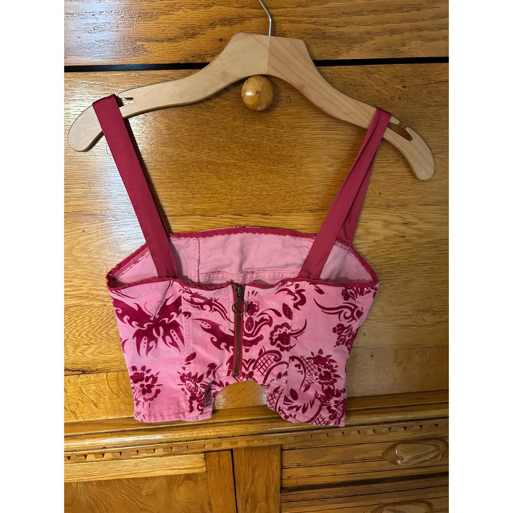 UO Y2K Whimsigoth Fairy Grunge Pink Butterfly Flocked Corset Crop Top Damask - Picture 2 of 9